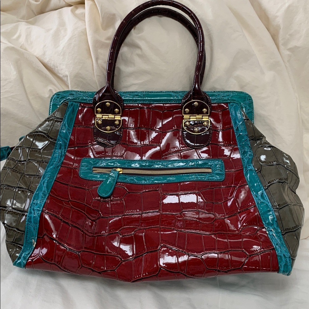 Glossy Multicolor Croc-Embossed XL Handbag burgundy olive teal brown gold